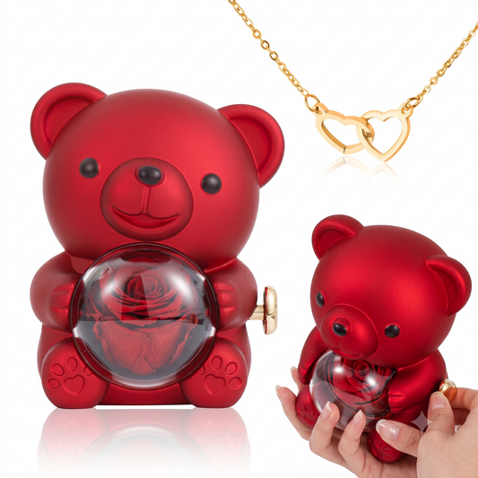 Engraved Heart Necklace in Real Rose Bear Giftbox