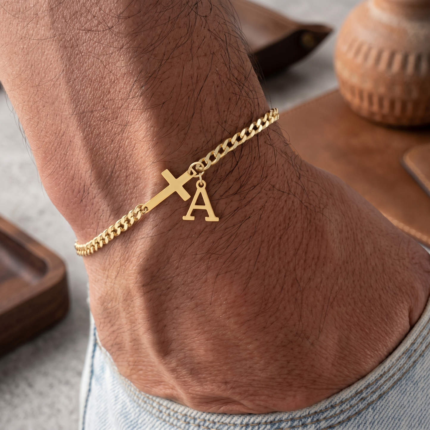 Cross & Initial Chain Bracelet